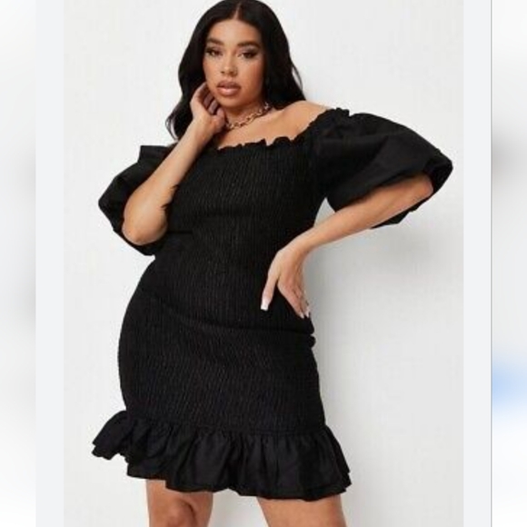 Missguided | Dresses | Missguided Shirred Puff Sleeve Frill Mini Dress ...